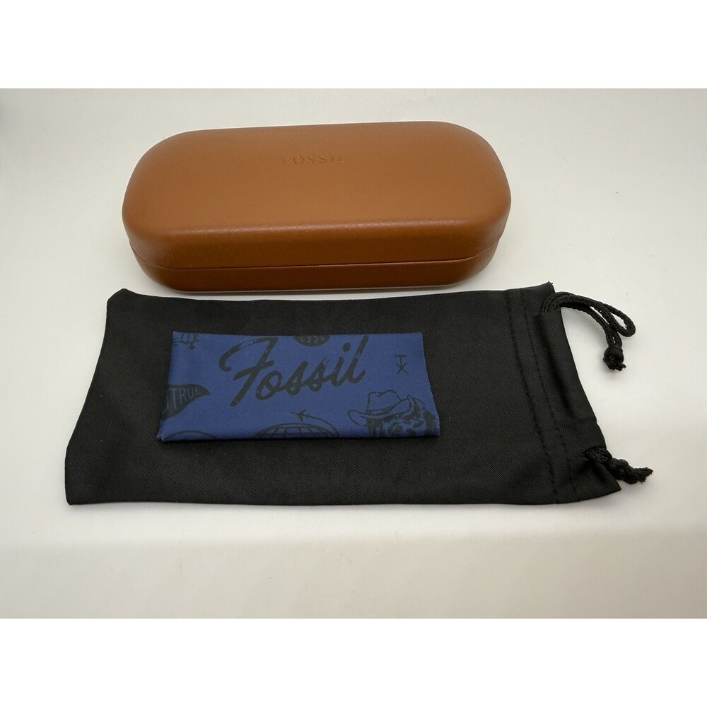 Fossil Sunglasses Case Brown Faux Leather Clamshell‎ and Pouch + Cloth 3 Pcs Set